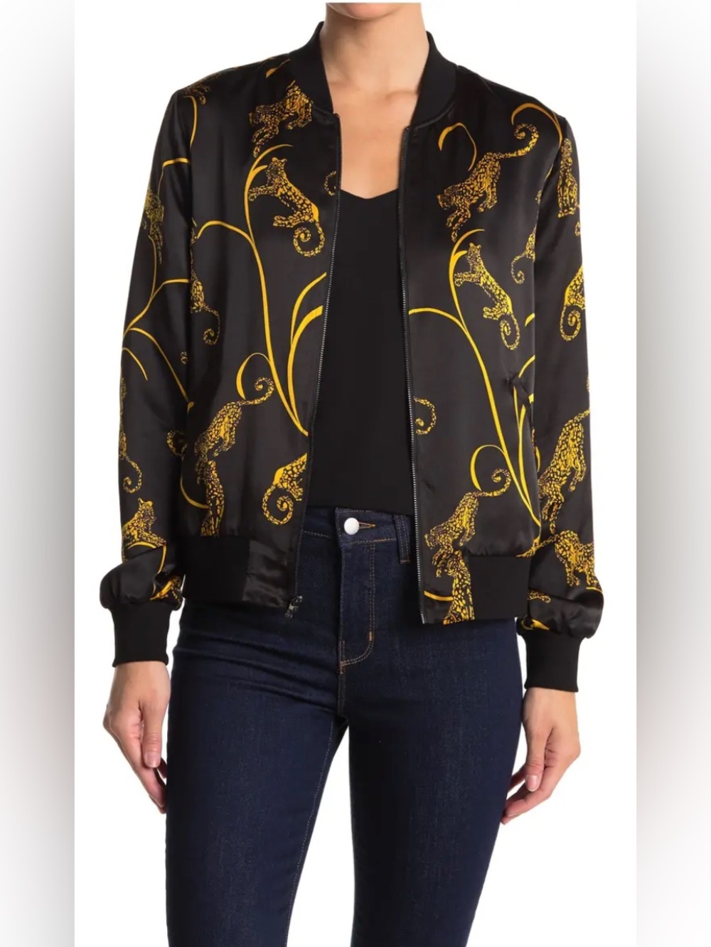 AUTH WOMEN’S L’AGENCE OLLIE BLACK GOLD TIGER SILK BOMBER JACKET - SZ XS